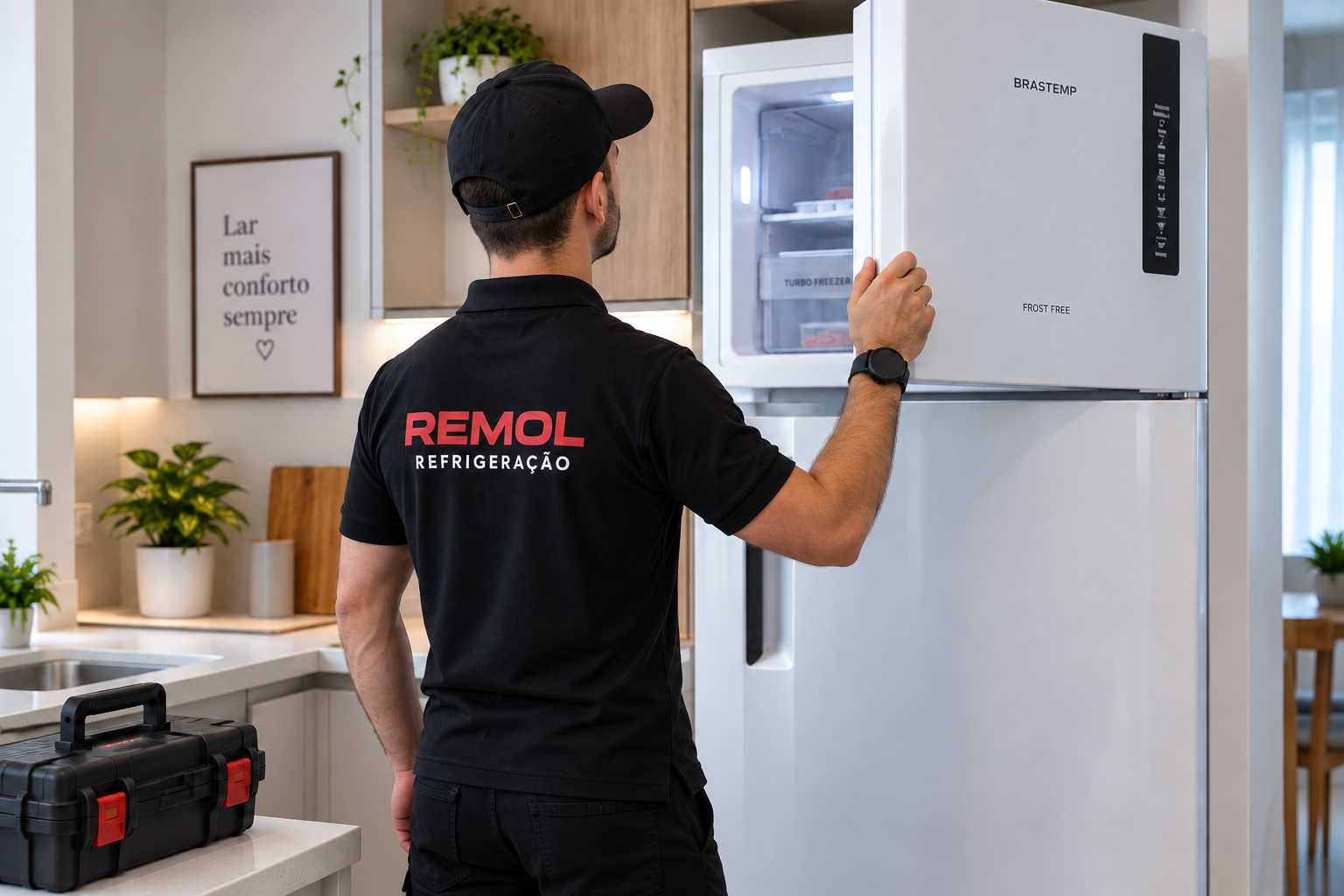 Técnico realizando manutenção em geladeira